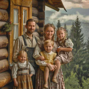 How many misleading visual things can you spot in this AI image, when asked to imagine “A typical Latvian family posing in front of her country side house with a forest view in the back, captured in a photorealistic style”